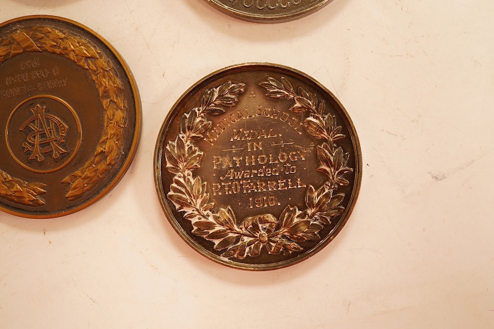 British coins and medals, Victoria, two crowns, 1887 fine, and 1899, good VF, double florin, 1887, VF, other coins and three silver University College Dublin medical school Medals, 1910, good VF